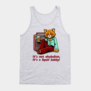 Retro Drunk Cat Cartoon - 70s Party Animal with Vintage Radio and Humor Quote Tank Top